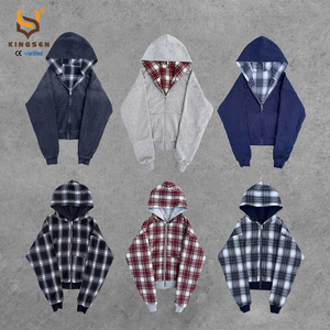 Sweat-shirt à capuche pour homme en flanelle personnalisée, confortable, à carreaux, rétro, délavé, double couche, double fermeture éclair - Product Image 3