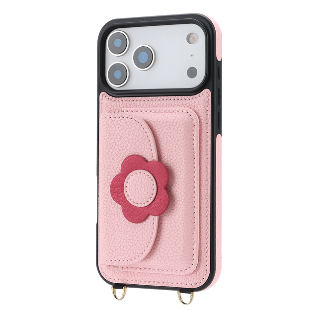 Card Slot PU Leather Phone Case with Flower Decoration Shockproof Mobile Back Cover with Straps for iPhone 15 Promax 16 17 Pro