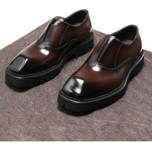Zapatos de Cuero Cuadrados de Negocios para Hombre, Suela Gruesa, Tacón Elevado, Cierre Deslizante, Parte Superior de Cuero Genuino, Calzado Formal de Otoño - Product Image 1