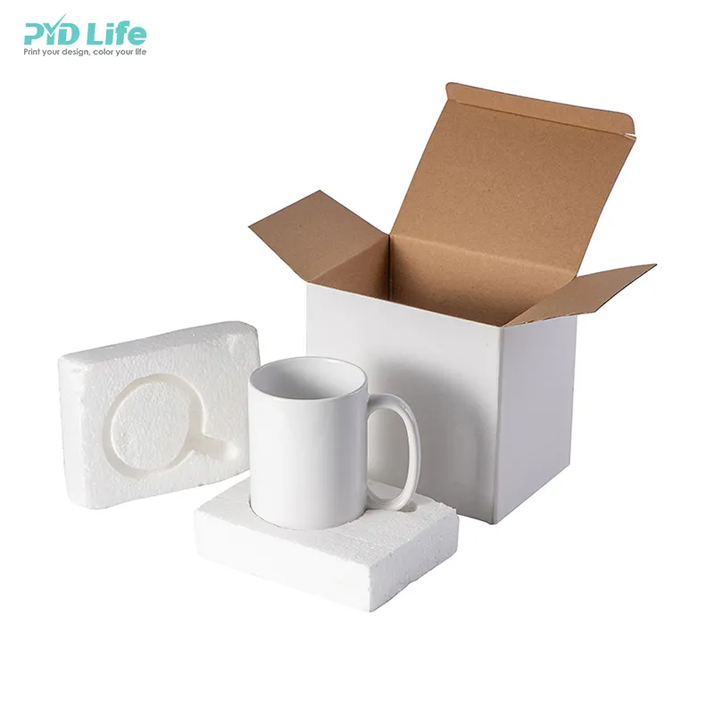 PYD 생활 흰색 종이 상자 15 온스 승화 세라믹 머그잔 사용자 정의 종이 상자 거품