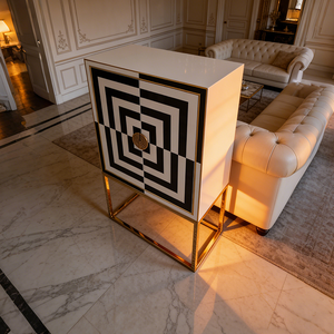 Mobile Buffet per Vini di Design Moderno con Porte in Vetro Dipinto e Base in Acciaio Inox Dorato per Hotel e Casa - Product Image 2