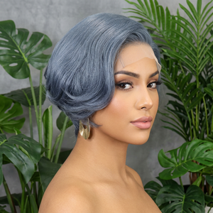 วิกผม FH 5x5 แบบปิดด้านข้าง ทรงพิกซี่คัท  ไม่ต้องใช้กาว  วิกผมหน้าผากลูกไม้สีเทา ผมแท้ 100% วิกผมสั้นทรงพิกซี่ - Product Image 1