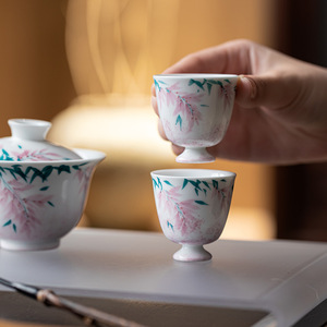Hand Painted Wisteria Flower Mini <b>Teacup</b> Porcelain High Footed Single Cup Kung Fu Tea Tasting Cup - Product Image 2