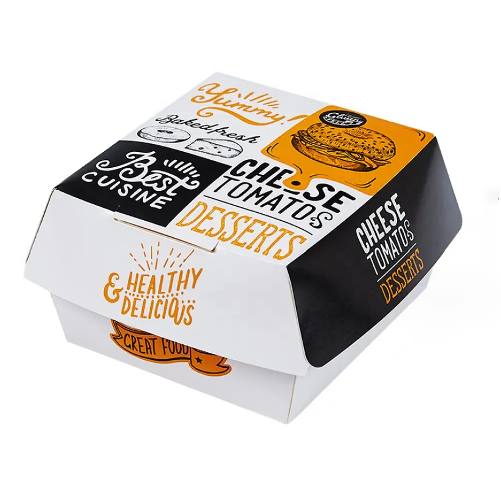 Impresión personalizada sándwich palomitas de maíz perro caliente pollo frito caja de papel para el almuerzo reciclable Concha hamburguesa caja de embalaje de alimentos