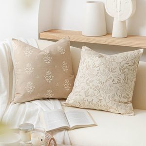 Housses de <span class=keywords><strong>coussin</strong></span> en coton et lin <span class=keywords><strong>blanc</strong></span> crème motif floral pour décoration de canapé de salon esthétique de la maison - Product Image 1