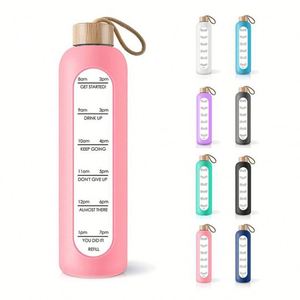 Botella de Agua Deportiva Personalizada con Tapa de Bambú Ecológica, Inspirada en el Signo Acuario, con Marcador de Tiempo para Beber - Product Image 1