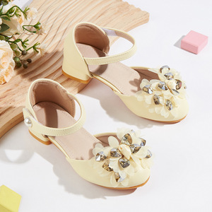 2026 Spring New Girls Princess High Heeled Sandals Rhinestone Lace Crystal Flower PU Leather Fashion Party Dress <strong>Shoes</strong> - Product Image 1
