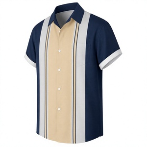 Camisa de Manga Corta con Paneles Verticales Azul Marino y Beige, con Botones y Diseño Casual con Rayas en Contraste Clásicas - Product Image 3