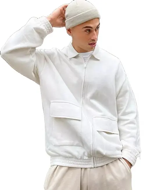 KY Wholesaleブランクバーシティジャケットプラスサイズメンズジャケット伸縮性カフスアウトドアジャケットジップアップダブルポケットシャツ男性用