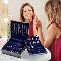 Boîte à bijoux à 2 étages pour femmes, grande boîte de rangement en cuir noir avec coussin amovible pour boucles d'oreilles