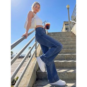 Jeans de pierna ancha para mujer, pantalones vaqueros elásticos de cintura alta y pierna recta con bolsillos para uso informal - Product Image 3