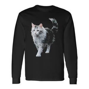 T-shirt a maniche lunghe con grafica artistica con ritratto di gatto, animale carino - Product Image 1