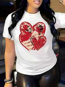 T-shirt retrò da donna con stampa leopardata a cuori, manica corta, girocollo, 100% cotone jersey, morbida, casual, per San Valentino e tutti i giorni - Product Image 3