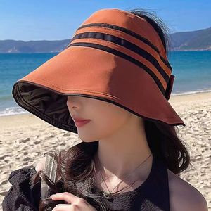 Sombrero de pescador negro a rayas con ala ancha, protección solar UV, sombrero de playa para mujer - Product Image 3