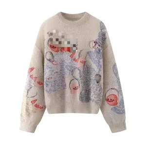 Vintage Women's Sweater with Cartoon Letter Embroidery Knitted Design