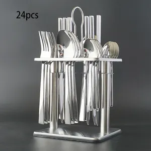 24 pieces cutlery set with iron stand stainless steel vintage flatware hot sale in Europe market