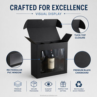 Boîte cadeau pour vin en carton ondulé noir mat avec grande fenêtre transparente en PVC et insert en mousse EVA à trois compartiments pour l'emballage d'un ensemble de bouteilles et de verres à vin