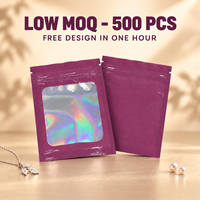Sachet en Mylar holographique noir imprimé sur mesure avec fenêtre, mini pochette anti-odeur suspendue à fermeture éclair, emballage en plastique PET/PE
