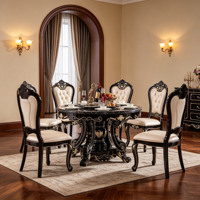 Luxuriöses Europäisches Rundes Massivholz-Esszimmer-Set mit Schwarzer Marmorplatte und Drehbarem Serviertablett, Cremefarbene PU-Lederstühle für Villen, Großhandel