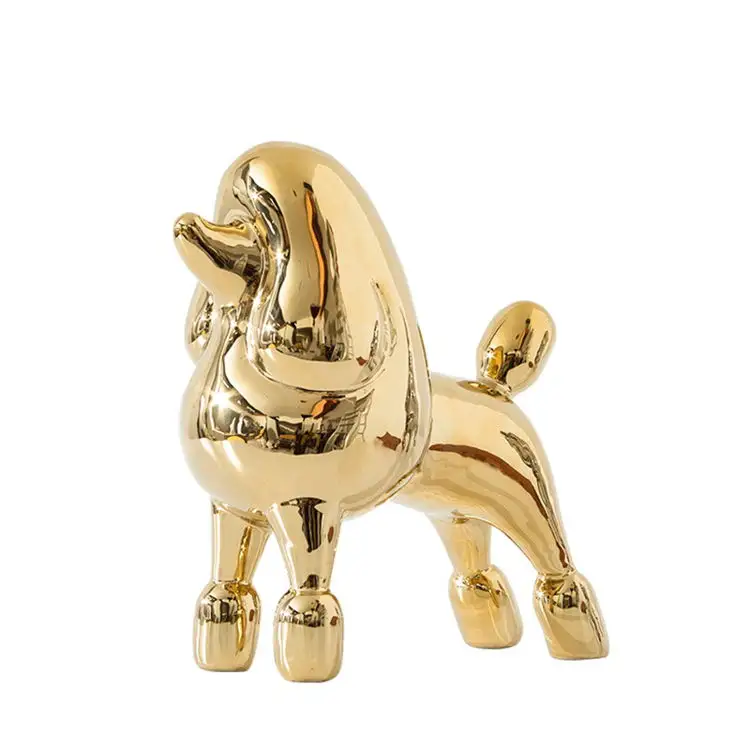 Estatua de cerámica de animales pequeños para decoración del hogar, figura de caniche de oro galvanizado, estilo nórdico moderno