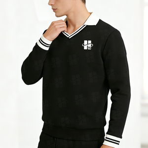 Sudadera Moderna al por Mayor con Logotipo Bordado Personalizado, Sudadera Casual de Algodón para Hombre, Cuello en V con Puños a Rayas Blancas y Negras - Product Image 2