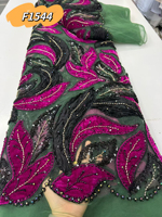 Tissu en tulle noir F1544 en gros avec broderie de feuilles 3D perlées et sequins, patchwork en maille avec velours pour robe de soirée africaine