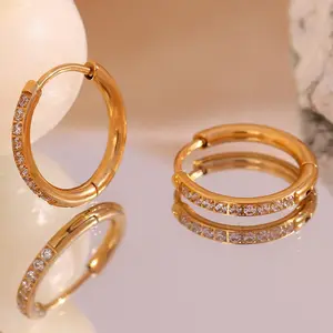 Classic Waterproof Hypoallergenic Stainless Steel Cubic Zirconia Huggies Hoop Earrings For Woman