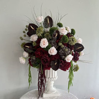 Boule de fleurs artificielles personnalisée PPS, couleur bordeaux et vert, arrangement floral coloré pour la décoration de table de mariage et d'événements