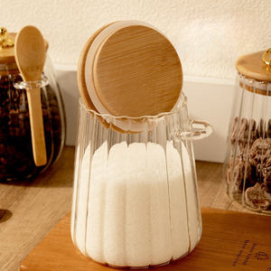Bocaux de rangement de cuisine transparents à rayures verticales côtelées, 16 oz (500 ml), en verre avec couvercle et cuillère en bambou - Product Image 6