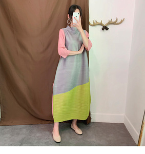 Nuovo design per le donne 2020 di colore di Contrasto Miyake Primavera e di Modo di Autunno premuto shein vestito - Product Image 3