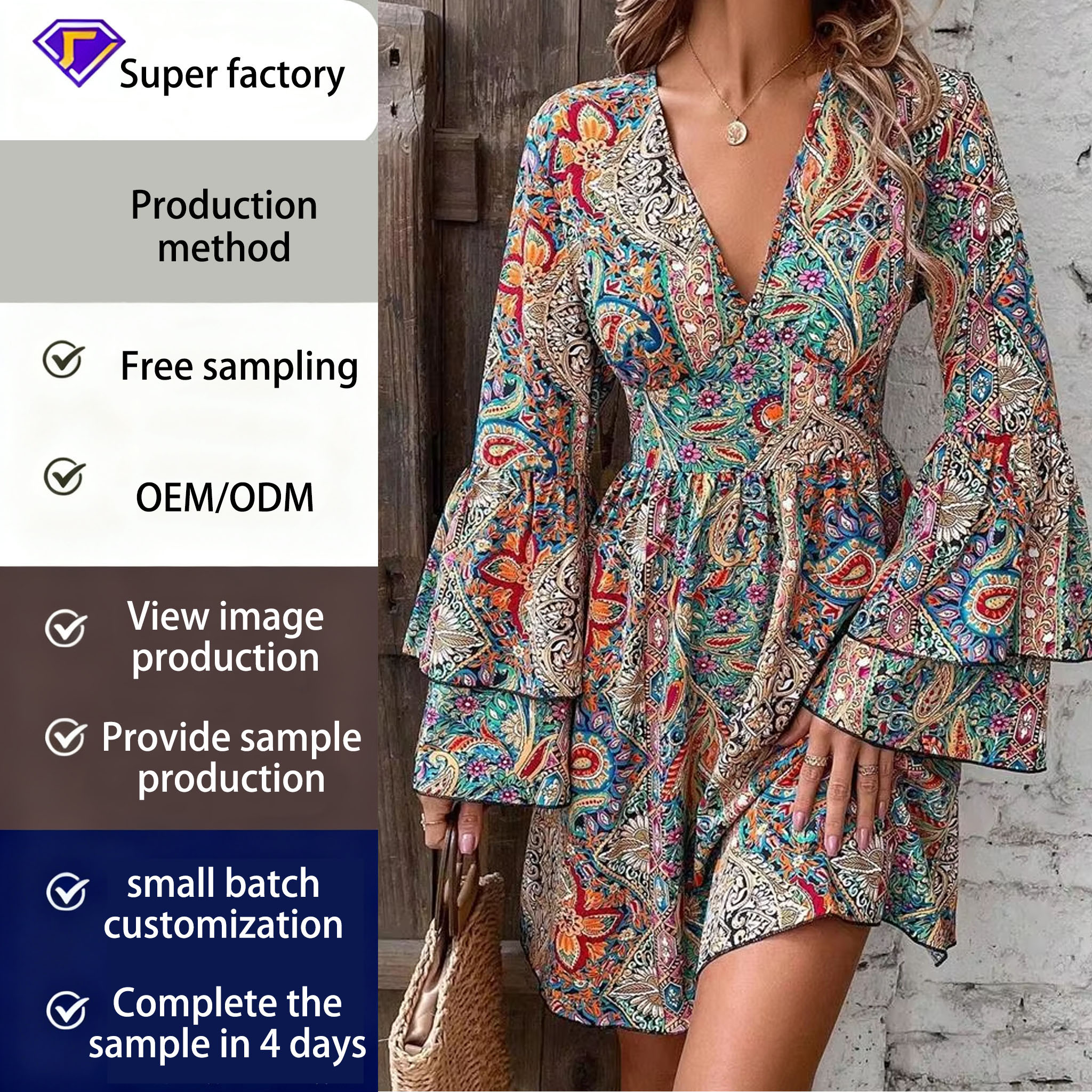 In Stock Empire Waist Bell Sleeve Dress Elegant Floral Print Design