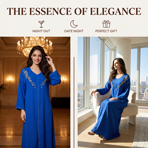 Elegant Muslim Maxi Dress Royal <b>Blue</b> <b>Beaded</b> Long Sleeve Modest Abaya for Eid Occasion Women Boutique Party Wear - Product Image 5