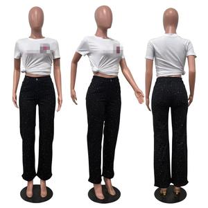 D8751 Pantalones Vaqueros Casuales de Primavera Verano para <span class=keywords><strong>Mujer</strong></span>, Estilo Urbano, con Cuentas y Pedrerí<span class=keywords><strong>a</strong></span> Brillante, Jeans Rectos de Mezclilla para <span class=keywords><strong>Mujer</strong></span> - Product Image 3