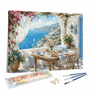 Kit de Pintura por Números A-179, Diseño de Terraza Mediterránea con Vista al Océano, Arte en Lienzo para Decoración del Hogar, para Adultos - Product Image 1