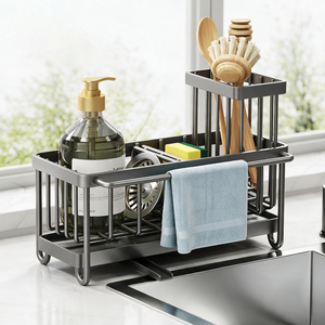 Organizador <span class=keywords><strong>de</strong></span> Fregadero Multifuncional Moderno <span class=keywords><strong>de</strong></span> Acero al Carbono Inoxidable con Boquilla <span class=keywords><strong>de</strong></span> Drenaje Automático 4 en 1, Soporte para Esponjas y Toallero para Cocina - Product Image 1