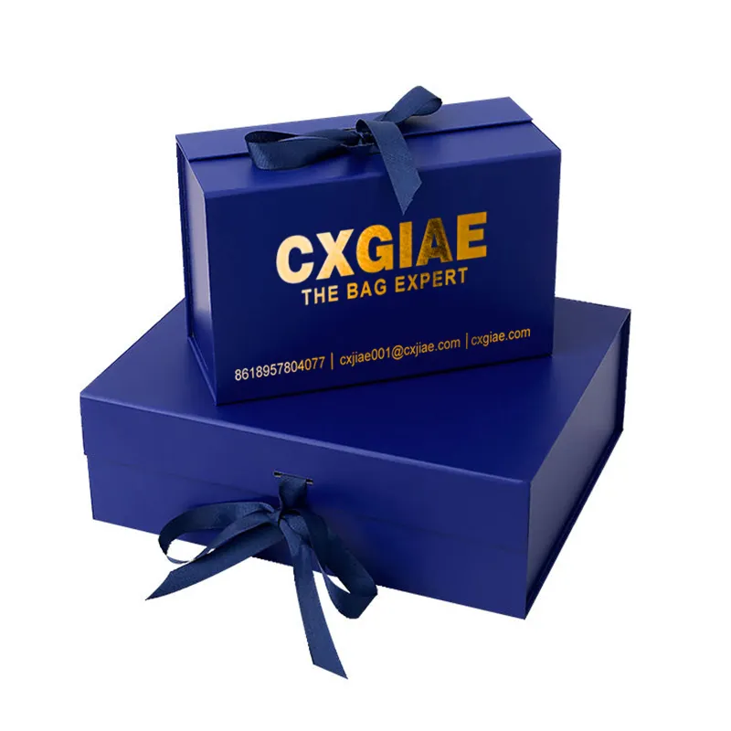 Boîte magnétique rigide en carton dur personnalisée avec ruban emballage bleu boîtes cadeau pliantes de luxe avec couvercle magnétique