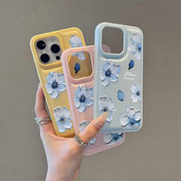 Élégante Coque de Téléphone à Motif Floral Peint à l'Huile Bleue pour iPhone 17 16 15 14 11 12 13 Pro Max Plus 17 Air en Similicuir et TPU