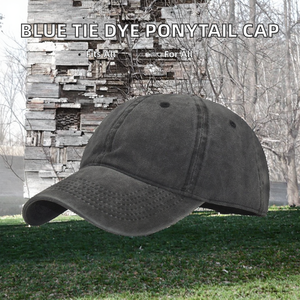 Casquette de baseball ajustable en denim de coton Oxford délavé bleu tie-dye avec lettres et ouverture pour queue de cheval - Product Image 2
