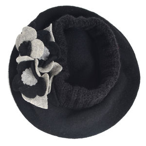 Béret français pour femme 100% laine Béret chic à fleurs Bonnet <span class=keywords><strong>de</strong></span> style vintage en tricot à bord chaud Chapeau d'hiver pour le ski - Product Image 6