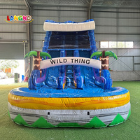 Toboggan aquatique gonflable commercial en promotion, toboggan aquatique double piste avec palmiers tropicaux pour fêtes d'enfants