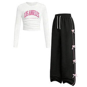 Ensemble décontracté 2 pièces pour adolescentes : Haut blanc à manches longues imprimé lettres et pantalon large noir à nœud latéral – Tenue pour enfants OEM ODM - Product Image 4