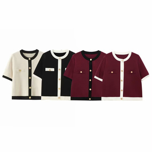 Vêtements pour femmes 2025 été nouveau Style petit parfum Style contraste couleur bouton à manches courtes tricoté <span class=keywords><strong>Cardigan</strong></span> 1822006 - Product Image 1