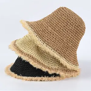 ชุดเดรสชายหาดฤดูร้อนของผู้หญิง,หมวกทรงถังฟางกระดาษโครเชต์บังแดดพับขอบเป็นฝอยดีไซน์ใหม่