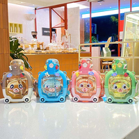 Bouteille d'eau en plastique à double paille avec couvercle rebondissant, motif ours magique, grande capacité, pour enfants