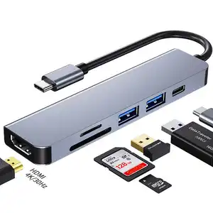 PIX-LINK 6 in 1 USB 유형 C 허브 어댑터 (4K HDTV 멀티 포트 카드 리더 포함) USB3.0 TF PD SD 리더 올인원 PC 컴퓨터 액세서리 용