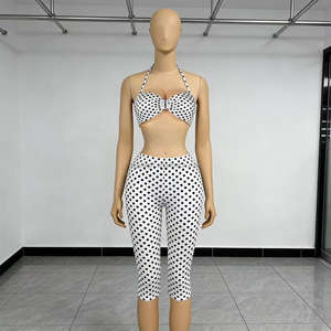 PEEQI K25L1219 Nuovo Set Due Pezzi da <span class=keywords><strong>Donna</strong></span> all'Ingrosso, Completo Moda con Stampa a Pois, Top <span class=keywords><strong>Sexy</strong></span> con Allacciatura al Collo e Pantaloni - Product Image 6