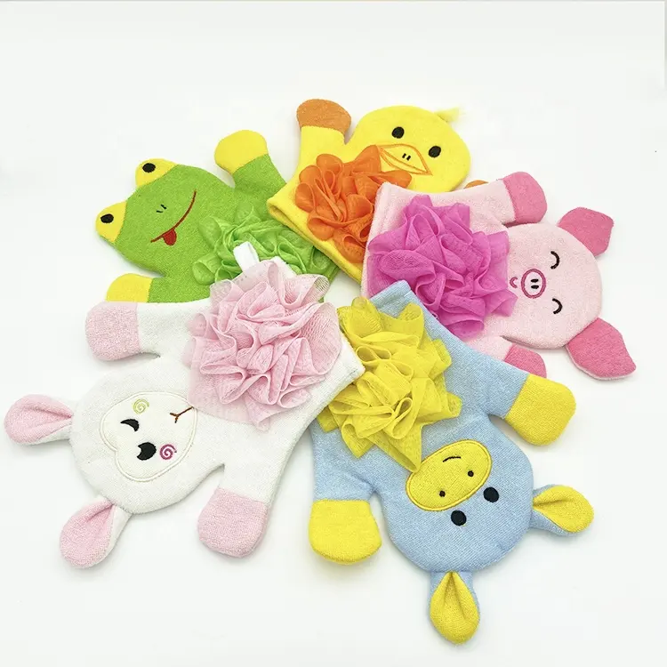 Cute Cartoon Animal Duck Soft Exfoliating Kids Baby Bath Mitt Sponge Ball Shower Glove with Bath Puff
