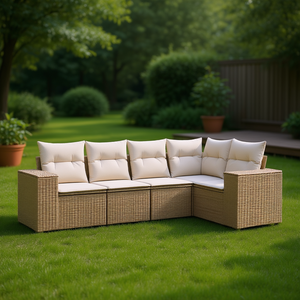 Conjunto de Sofás de Jardín de Ratán Sintético Beige Modular Moderno, Muebles de Exterior con Cojines de Espuma de Alta Densidad - Product Image 2