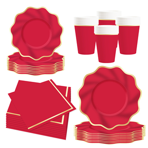DAMAI Party Supply Custom Red Wave-shaped Gold Hot Stamping Paper Tableware Set Disposable Plate Cup Napkin for Party Decor - Product Image 2