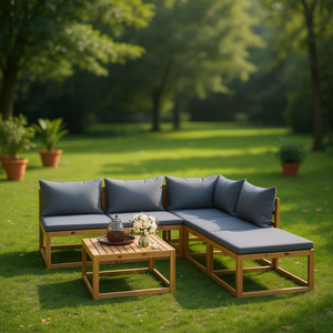 Ensemble de salon de jardin en bois d'acacia massif, 6 pièces, avec coussins, mobilier de jardin, design contemporain, résistant aux intempéries - Product Image 2